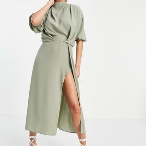 NWT ASOS DESIGN Sage Green Cowl Neck Open Back Skate Midi Dress Size 4